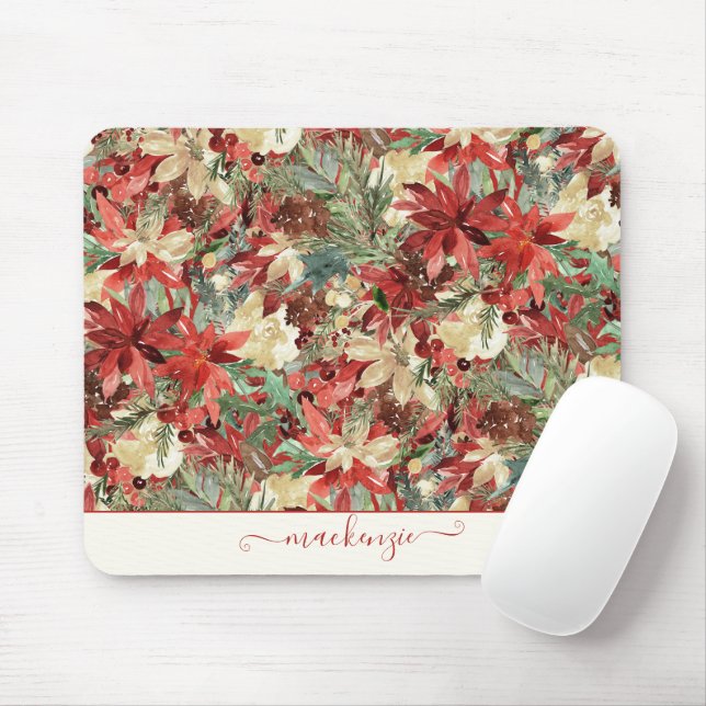 Mousepad Feriado Elegante Poinsettia Christmas Floral (Com mouse)