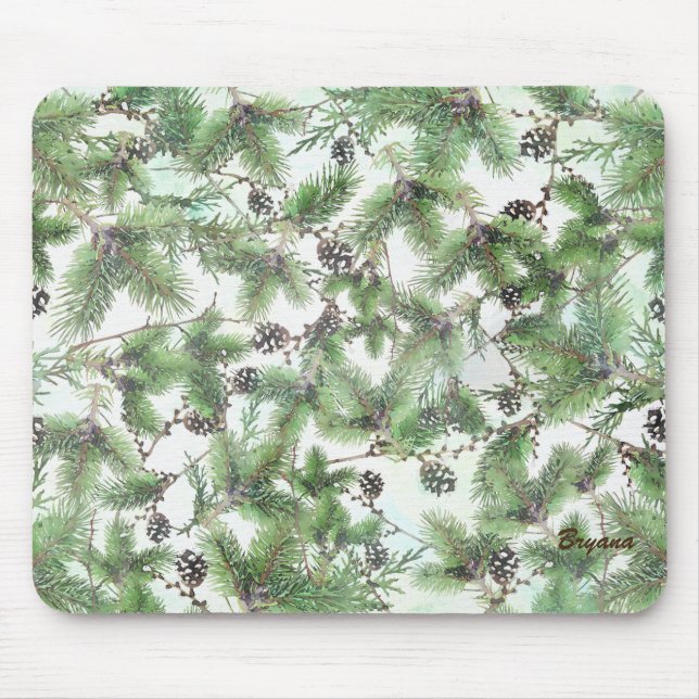 Mousepad Feriado Verde & Pinhas País Inverno Rústico (Frente)