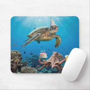 Mousepad Festa de Aniversário de Tartaruga Marinha com Polv