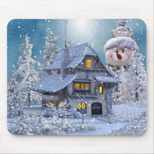 Mousepad Festa de Natal Inverno Branco Boneco de Neve Azul