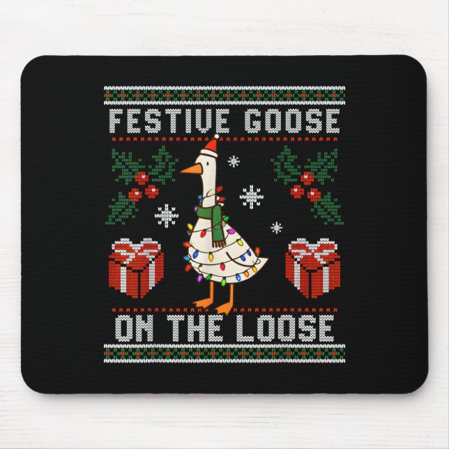 Mousepad Festive Goose On The Loose Funny Ugly Sweater Chri (Frente)