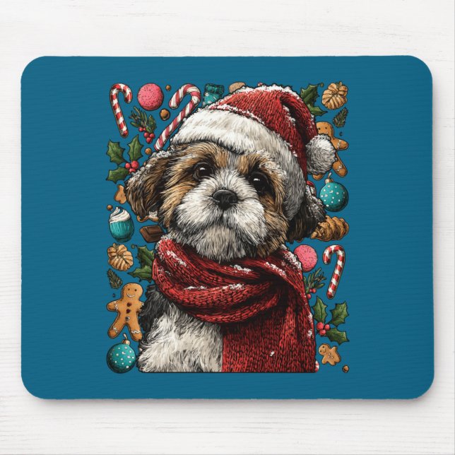 Mousepad Festive Shih Tzu With Santa Hat Snowy Winter Chris (Frente)