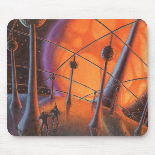 Mousepad Ficção científica retrô, sol laranja e alienígenas (Frente)