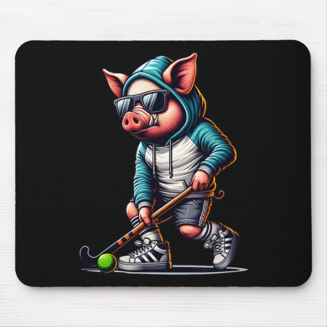 Mousepad Field Hockey Pig In Hoodie With Sungles Stick  (Frente)