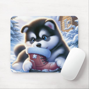 Mousepad Filhote Brincando Com Uma Bota de Inverno Coberta