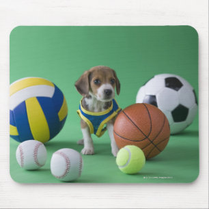 Mousepad Filhote de cachorro cercado por bolas do esporte