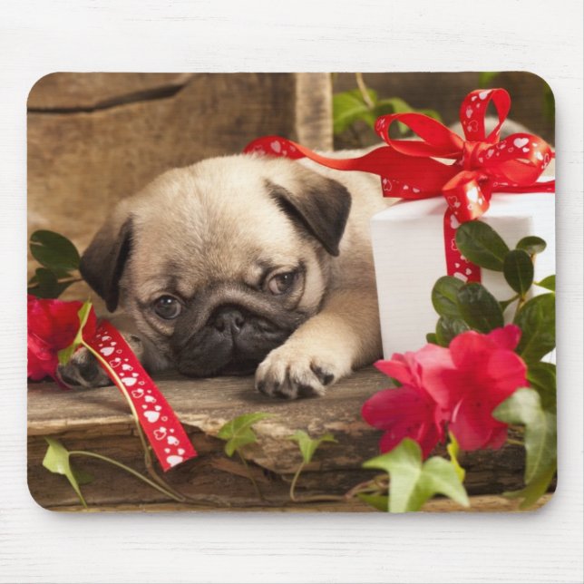 Mousepad Filhote de cachorro e caixa de presente do Pug (Frente)