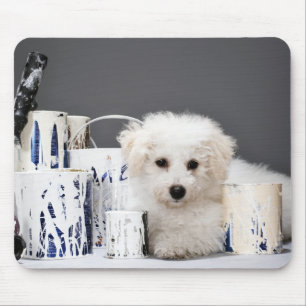 Mousepad Filhote de cachorro que senta-se entre latas da