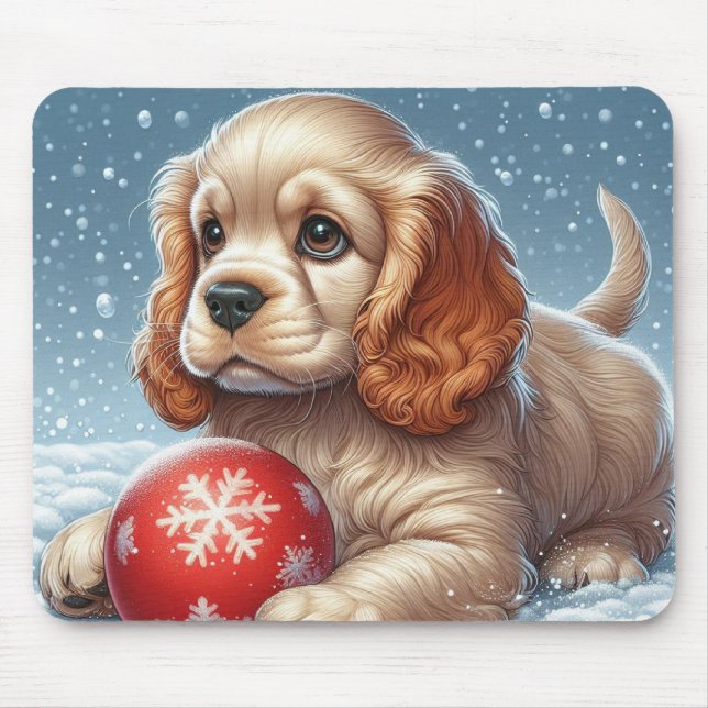 Mousepad Filhote de Cocker Spaniel Descansando na Neve Com  (Frente)