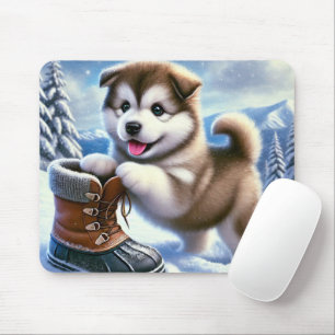 Mousepad Filhote de Husky Fofo Brincando na Paisagem Invern