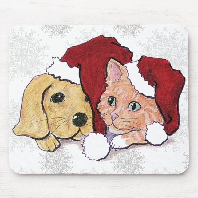 Mousepad Filhote de Labrador de Natal Fofo e Gato Tabby Lar (Frente)