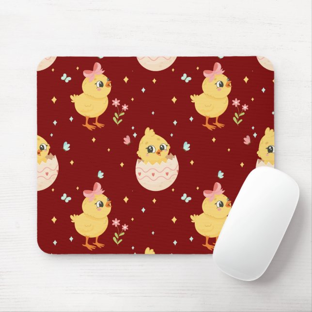 Mousepad Filhote de Páscoa Fofo com Laço Rosa Padrão Sem Co (Com mouse)