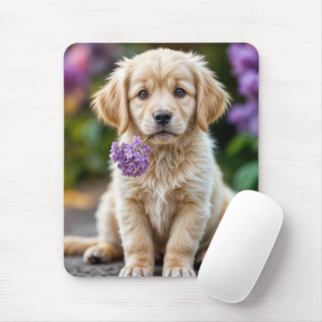 Mousepad Filhote de Retriever Dourado Com Lilases (Com mouse)