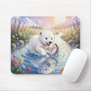 Mousepad Filhote de Urso Polar Brincando com um Peixe