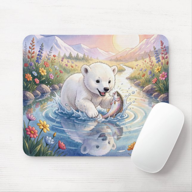 Mousepad Filhote de Urso Polar Brincando com um Peixe (Com mouse)