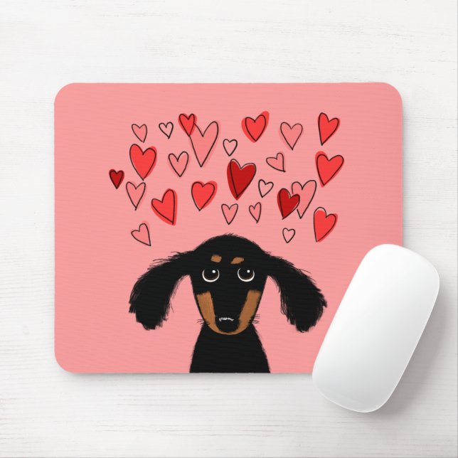 Mousepad Filhote Fofo de Dachshund com Corações de São Vale (Com mouse)