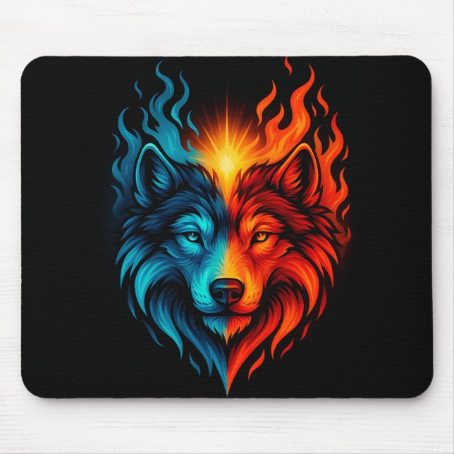 Mousepad Fire and Ice Wolf – Blue Red Elemental Animal (Frente)