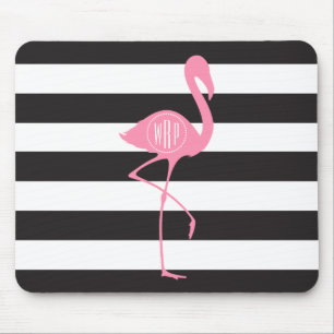 Mousepad Flamingo cor-de-rosa Monogrammed + Preto + Listras