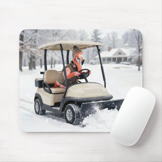 Mousepad Flamingo Driving a Golf Cart With Snowplow (Com mouse)