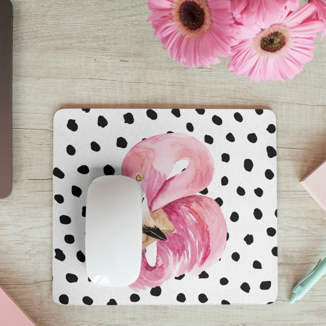 Mousepad Flamingo e pontos cor-de-água rosa moderna (Criador carregado)