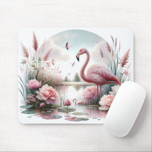 Mousepad Flamingo na cena floral de Pastel Pond