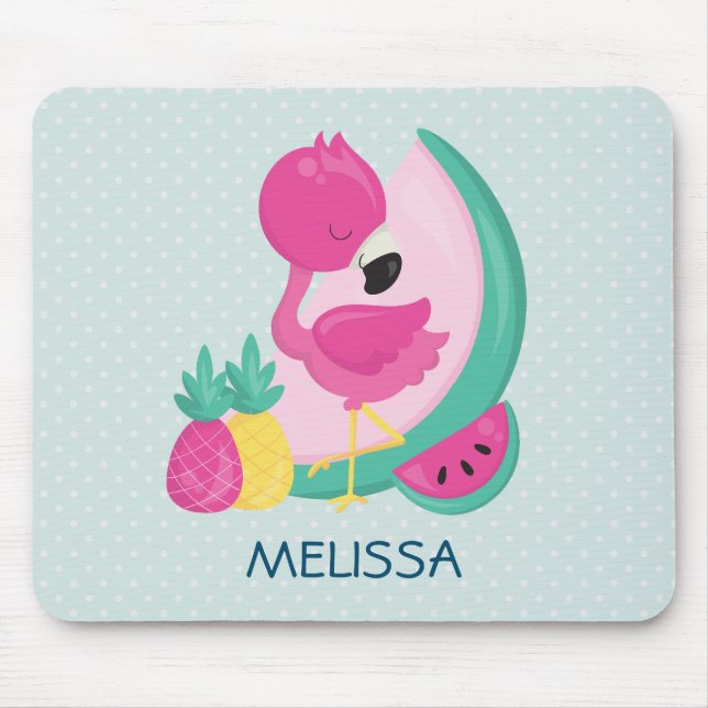 Mousepad Flamingo rosa com melancia e abacaxi (Frente)