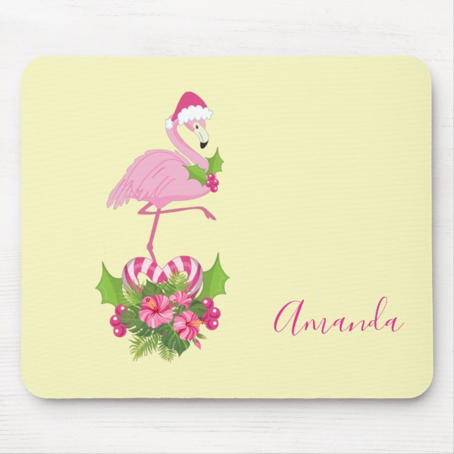 Mousepad Flamingo rosa em Santa Hat com Buquê de Cané Adorm (Frente)