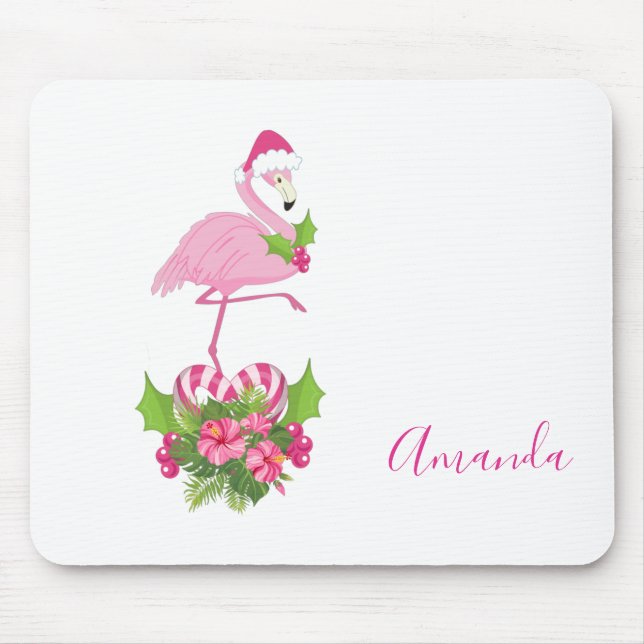 Mousepad Flamingo rosa em Santa Hat com Buquê de Cané Adorm (Frente)
