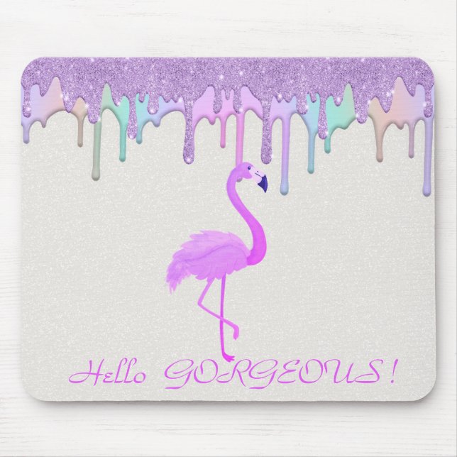 Mousepad Flamingo Rosa Fofo, Gotejamento de Arco-Íris - Olá (Frente)