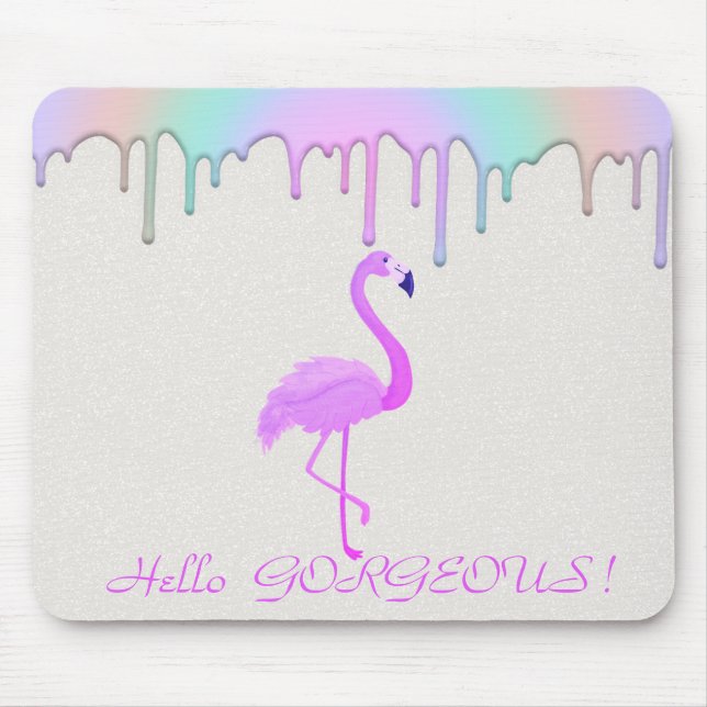 Mousepad Flamingo Rosa,Gotas Arco-Íris - Alô Gordo (Frente)