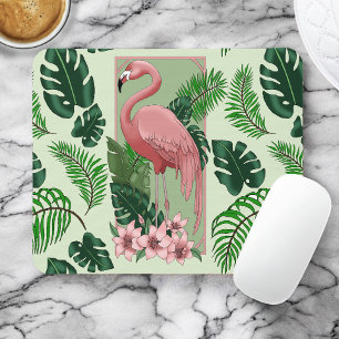 Mousepad Flamingo Rosa Tropical Folhas de Palmeira Verde Lí