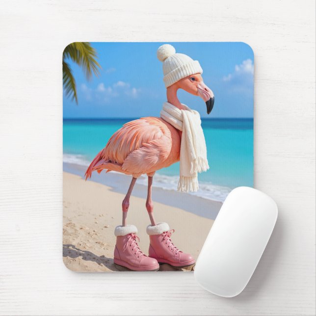 Mousepad Flamingo Wearing Winter Scarf and Boots (Com mouse)