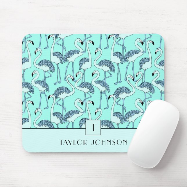 Mousepad Flamingos Azuis Monograma Modernos (Com mouse)