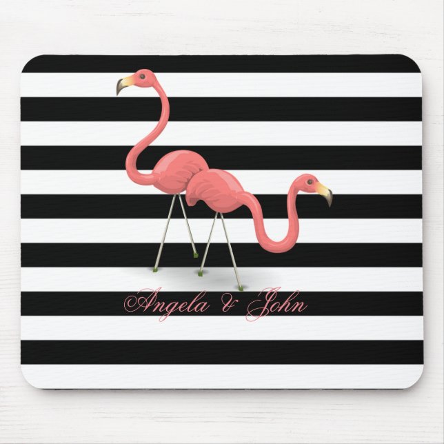 Mousepad Flamingos Fofos Personalizados, Listras Pretas e B (Frente)