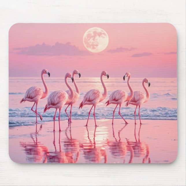 Mousepad Flamingos Rosa numa Praia Rosa (Frente)