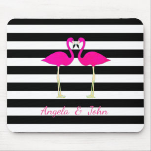 Mousepad Flamingos Rosa, Pretos, Stripes Brancas Personaliz