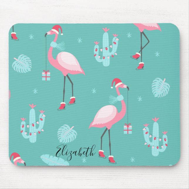 Mousepad Flamingos Santa Hat apresenta flocos de neve (Frente)