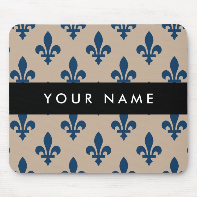Mousepad Fleur de Lis, Navy Blue on Beige, Royal, Your Name (Frente)