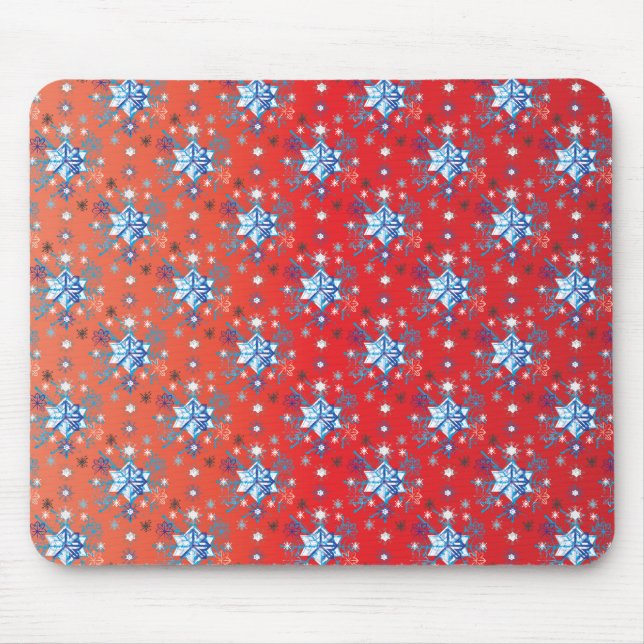 Mousepad Flocos de neve de Natal abstrato vermelho e azul (Frente)