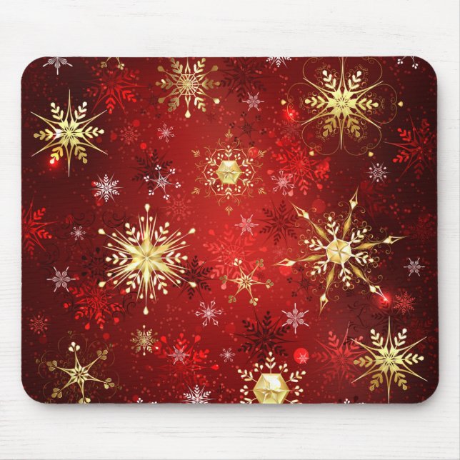 Mousepad Flocos de neve do Ouro de Natal em Fundo Vermelho (Frente)