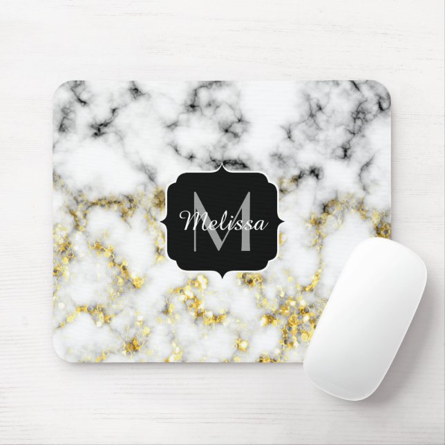 Mousepad Flocos de ouro de mármore preto e branco Monograma (Com mouse)