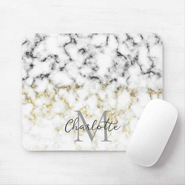 Mousepad Flocos de ouro de mármore preto e branco Monograma (Com mouse)