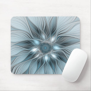 Mousepad Flor Abstrata Alegre Azul Cinza Fractal Floral