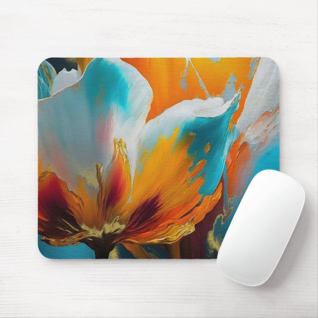 Mousepad Flor Abstrata em Laranja e Verde Água (Com mouse)