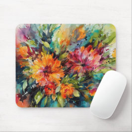 Mousepad FLOR Aquarela abstrata em verde amarelo rosa verme