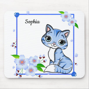 Mousepad Flor Azul De Pênia Elegante E Gato Azul