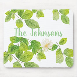 Mousepad Flor Branco e Jardim de Folhas Verde