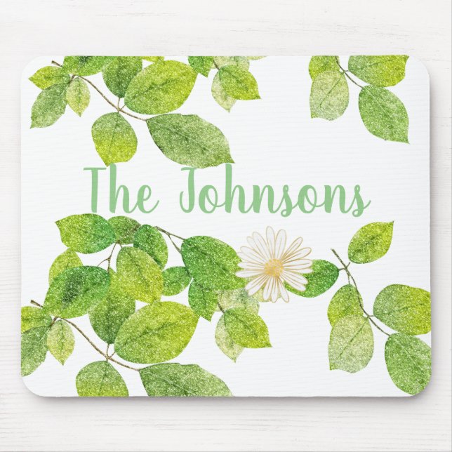 Mousepad Flor Branco e Jardim de Folhas Verde (Frente)