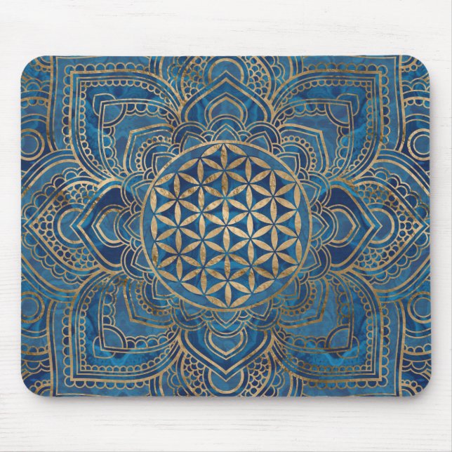 Mousepad Flor da Vida em Lotus - Mármore Azul e Dourado (Frente)