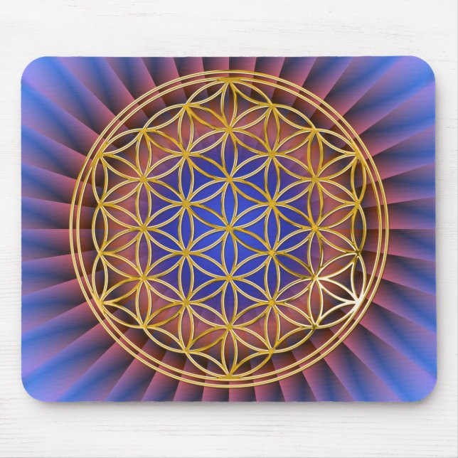 Mousepad Flor Da Vida | Ouro, grande, luz azul (Frente)